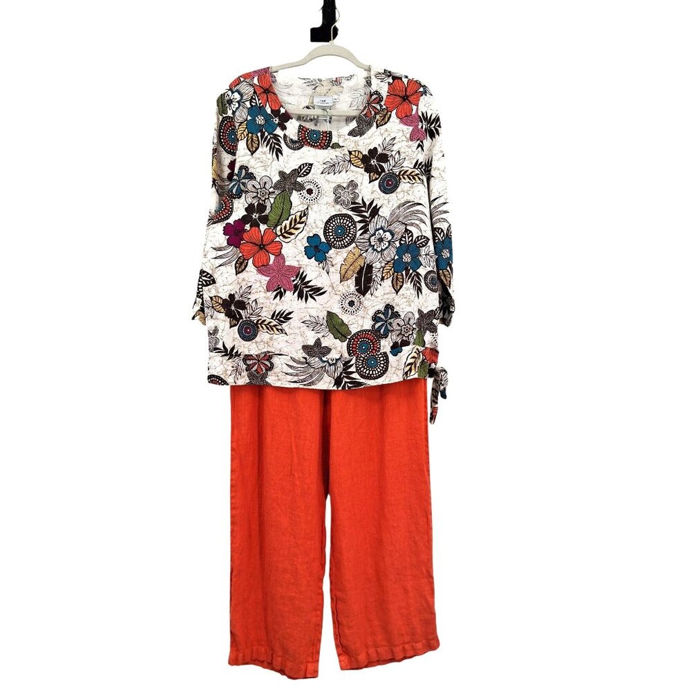 Hot Cotton Linen Floral Top & Orange Pants Set Size M/L